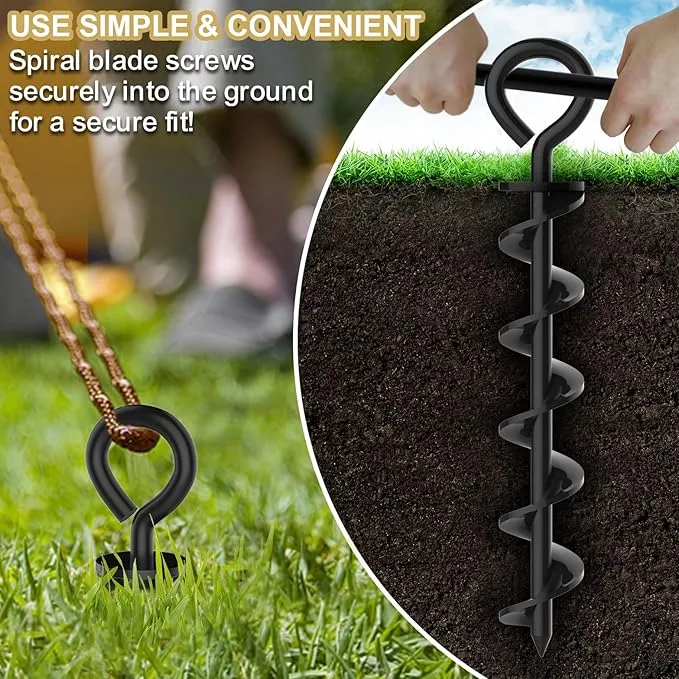 Eurmax USA Canopy Tent Stakes Dog Tie Out Stakes Corkscrew Shape Steel Trampoline Stakes with Iron Rod Installation Tool & 2 Wind Ropes - Set of 2 (Black)