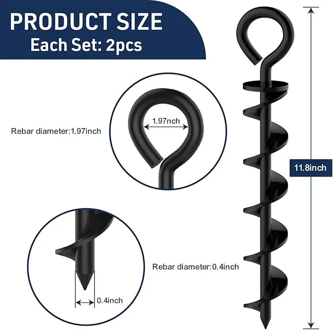 Eurmax USA Canopy Tent Stakes Dog Tie Out Stakes Corkscrew Shape Steel Trampoline Stakes with Iron Rod Installation Tool & 2 Wind Ropes - Set of 2 (Black)