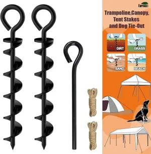 Eurmax USA Canopy Tent Stakes Dog Tie Out Stakes Corkscrew Shape Steel Trampoline Stakes with Iron Rod Installation Tool & 2 Wind Ropes - Set of 2 (Black)