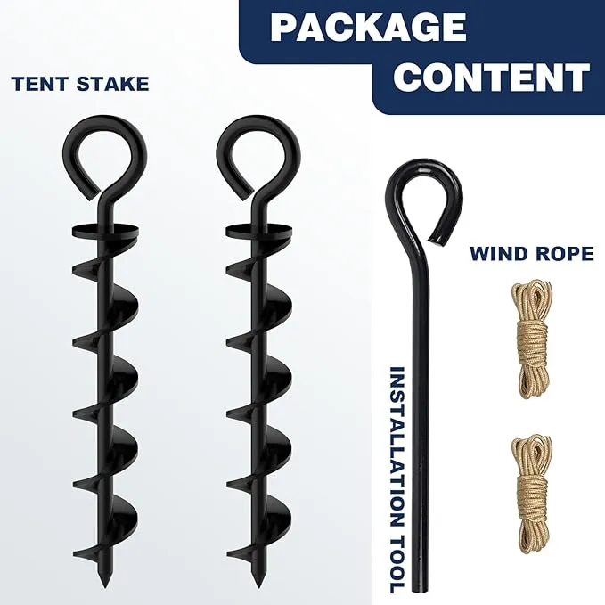 Eurmax USA Canopy Tent Stakes Dog Tie Out Stakes Corkscrew Shape Steel Trampoline Stakes with Iron Rod Installation Tool & 2 Wind Ropes - Set of 2 (Black)
