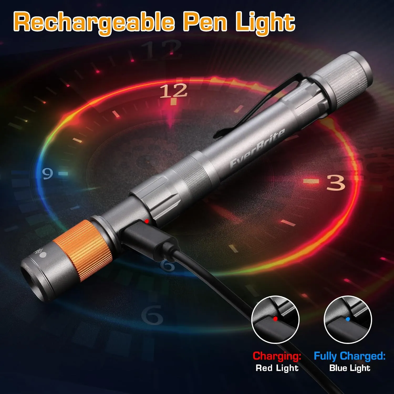 EverBrite Rechargeable Pen Light, 300 Lumens EDC Flashlight, Zoomable LED Pocket Flashlight with Clip, Memory Function and USB C Cable Included, for Camping, Emergency, Grey
