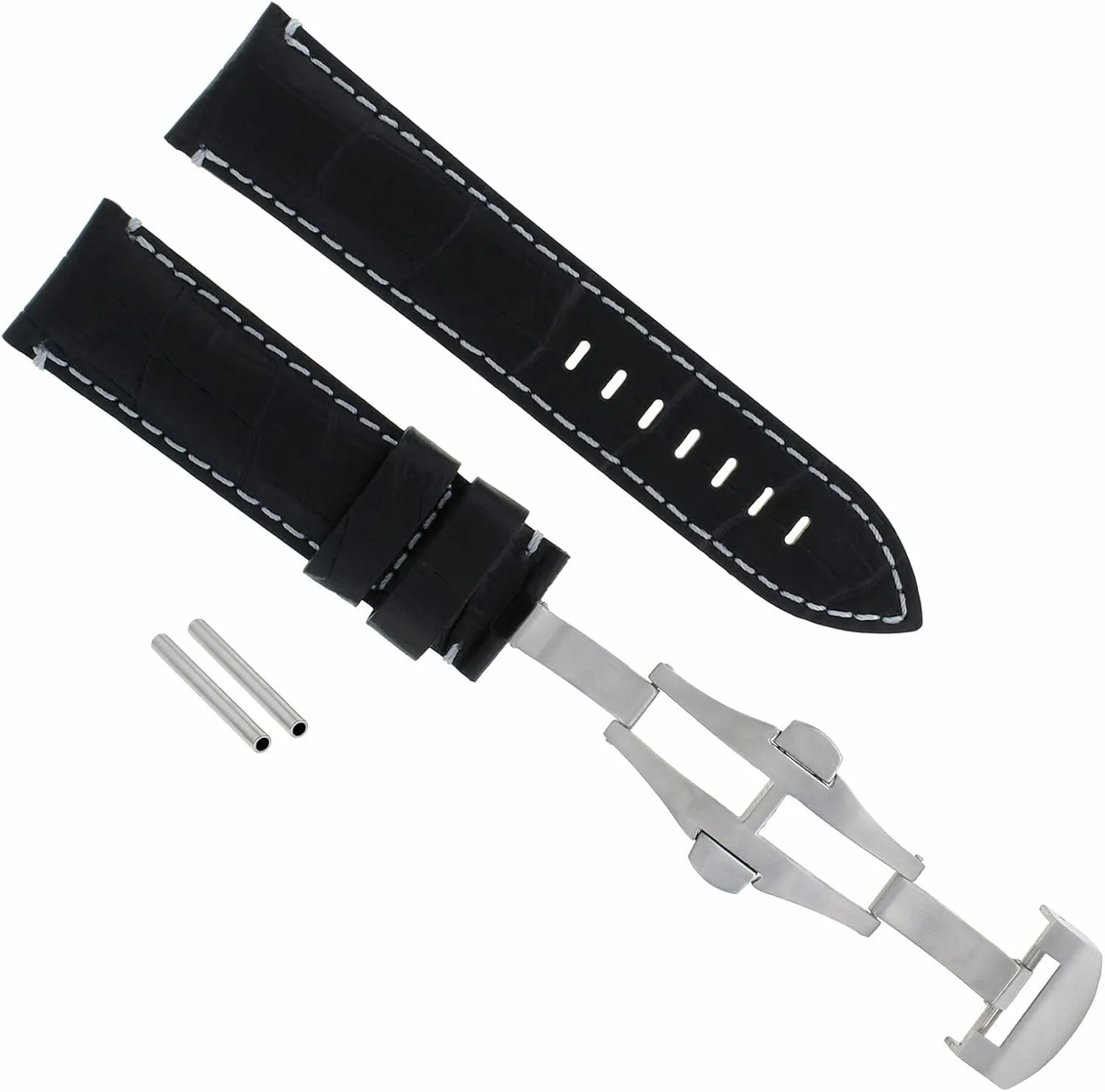 Ewatchparts 22mm Leather Watch Band Strap Compatible With Breitling Bentley Deployment Clasp Black With White Stitching