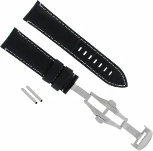 Ewatchparts 22mm Leather Watch Band Strap Compatible With Breitling Bentley Deployment Clasp Black With White Stitching