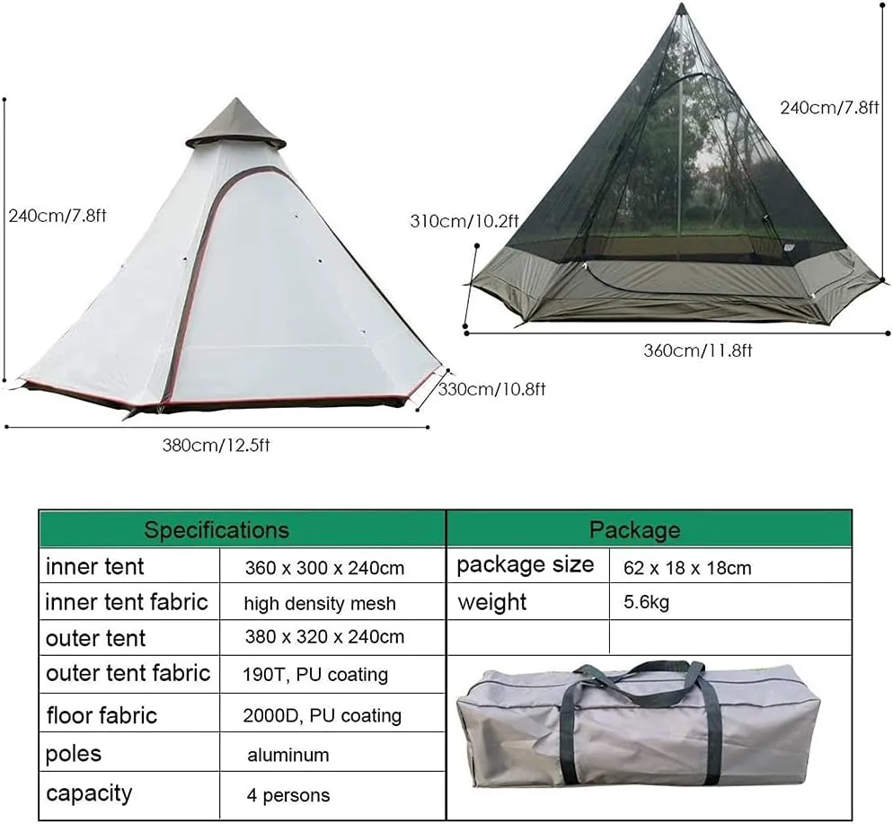 Family Camping Tent Large Waterproof Tipi 4 Person Room Teepee Tent Instant Setup Double Layer for Outdoor Trip Yurt Truck Tent
