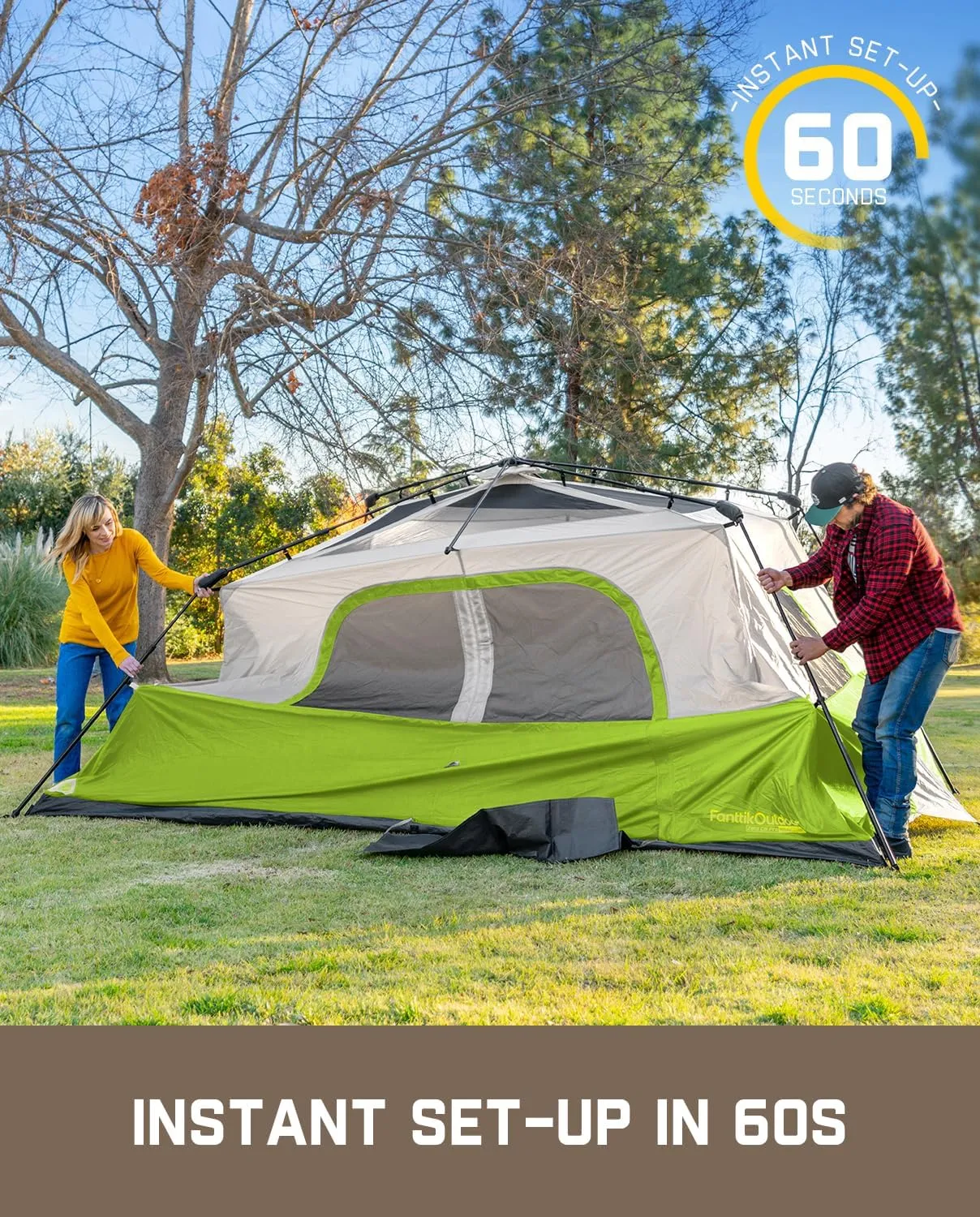 FanttikOutdoor Camping Tent 4/6/8/10 Person Instant Cabin Tent Setup in 60 Seconds with Rainfly & Windproof Portable with Carry Bag for Family Camping & Hiking