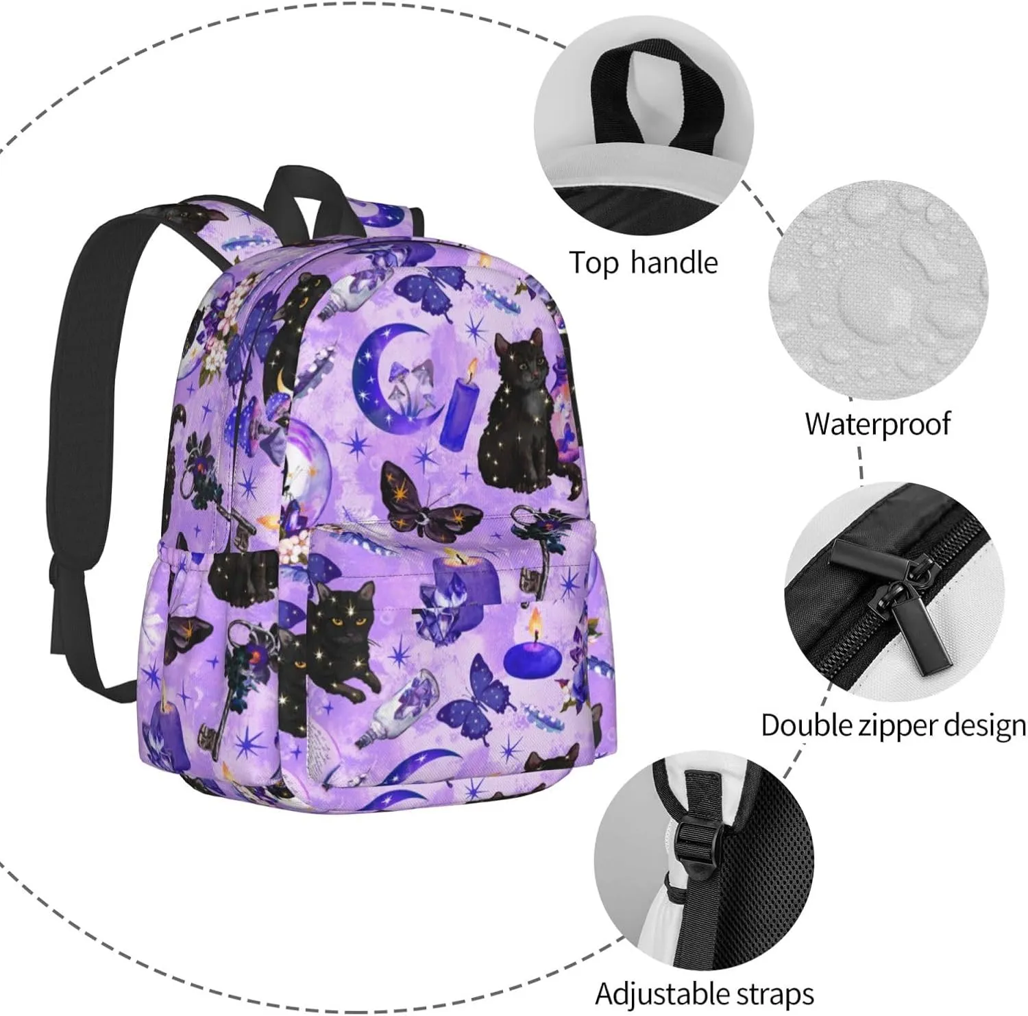 Fashion College Backpack Rucksack Travel Bookbag Compatible with Witchy Witch Goth Black Cat Mushroom, Multifunction Laptop Rucksack with Comfortable Shoulder Strap for High College Men Women