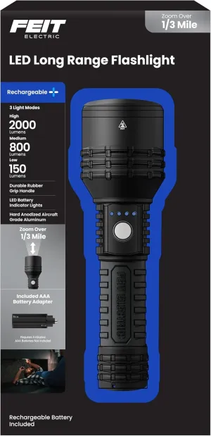 Feit Electric Long Range Flashlight, 2000 Lumens, Aircraft-Grade Aluminum, Rechargeable USB-C and AAA Battery Compatible, Flex Power with 3 Light Modes, Built-in USB Port, FLR2000/LT/FLEX