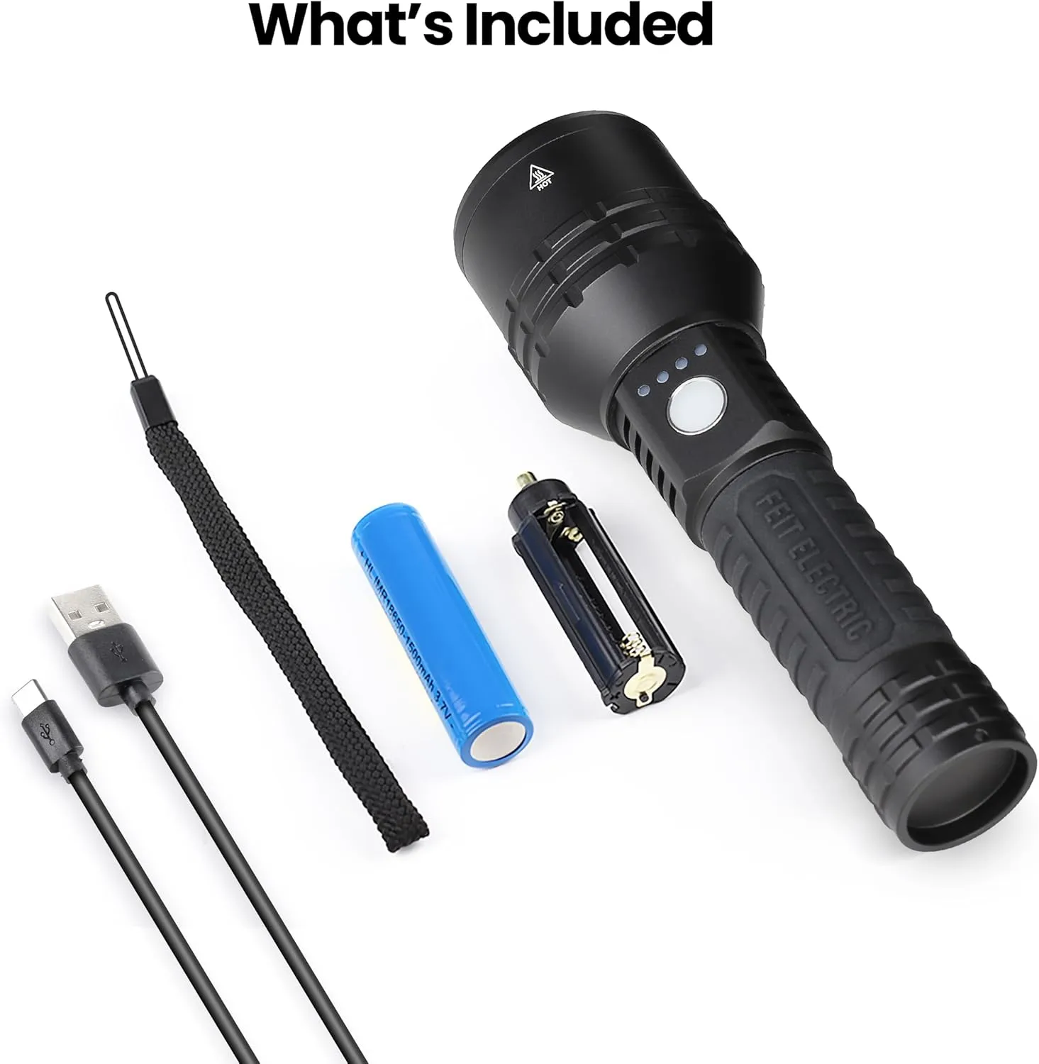 Feit Electric Long Range Flashlight, 2000 Lumens, Aircraft-Grade Aluminum, Rechargeable USB-C and AAA Battery Compatible, Flex Power with 3 Light Modes, Built-in USB Port, FLR2000/LT/FLEX