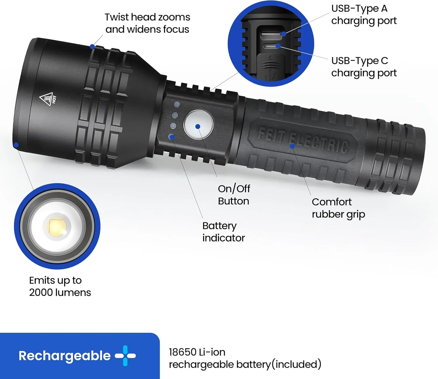 Feit Electric Long Range Flashlight, 2000 Lumens, Aircraft-Grade Aluminum, Rechargeable USB-C and AAA Battery Compatible, Flex Power with 3 Light Modes, Built-in USB Port, FLR2000/LT/FLEX