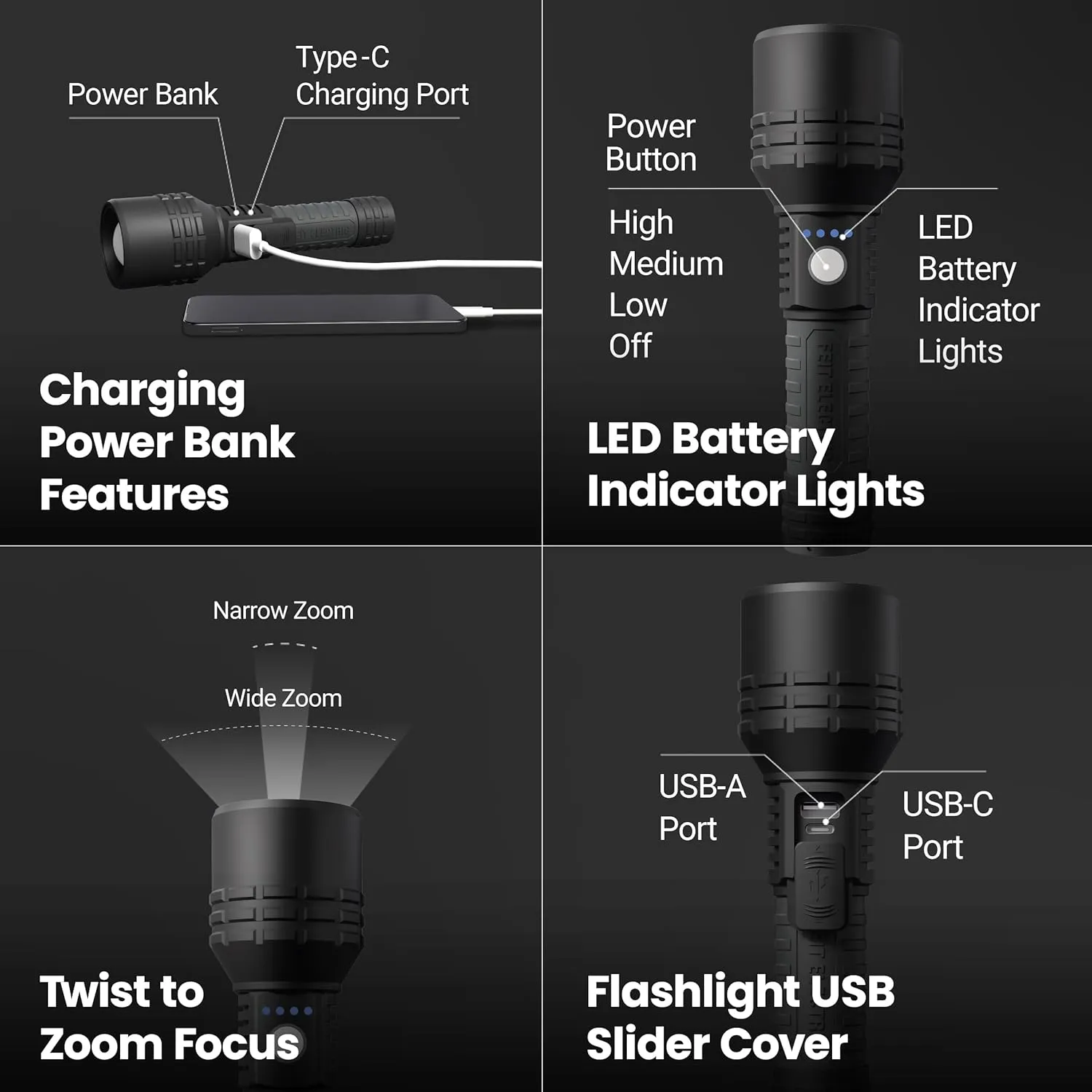 Feit Electric Long Range Flashlight, 2000 Lumens, Aircraft-Grade Aluminum, Rechargeable USB-C and AAA Battery Compatible, Flex Power with 3 Light Modes, Built-in USB Port, FLR2000/LT/FLEX