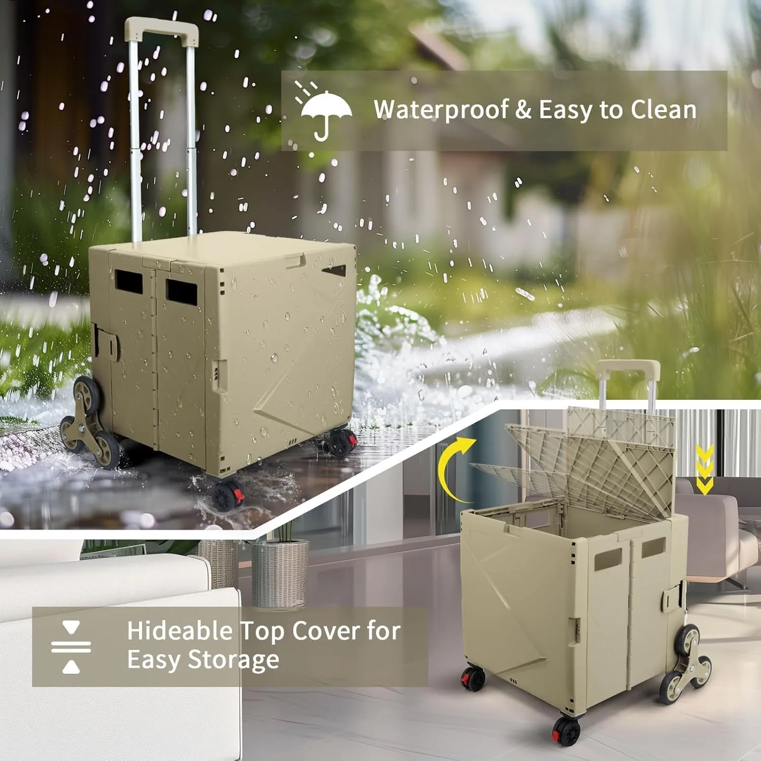 FELICON Folding Climber Utility Cart Rolling Crate Tote on Rotate Wheels with Adjustable Handle Hidden Lid Cup Holder Storage Toolbox for Teacher Office File Move Shop Travel Laundry Grocery(Coffee)