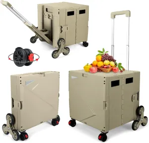 FELICON Folding Climber Utility Cart Rolling Crate Tote on Rotate Wheels with Adjustable Handle Hidden Lid Cup Holder Storage Toolbox for Teacher Office File Move Shop Travel Laundry Grocery(Coffee)