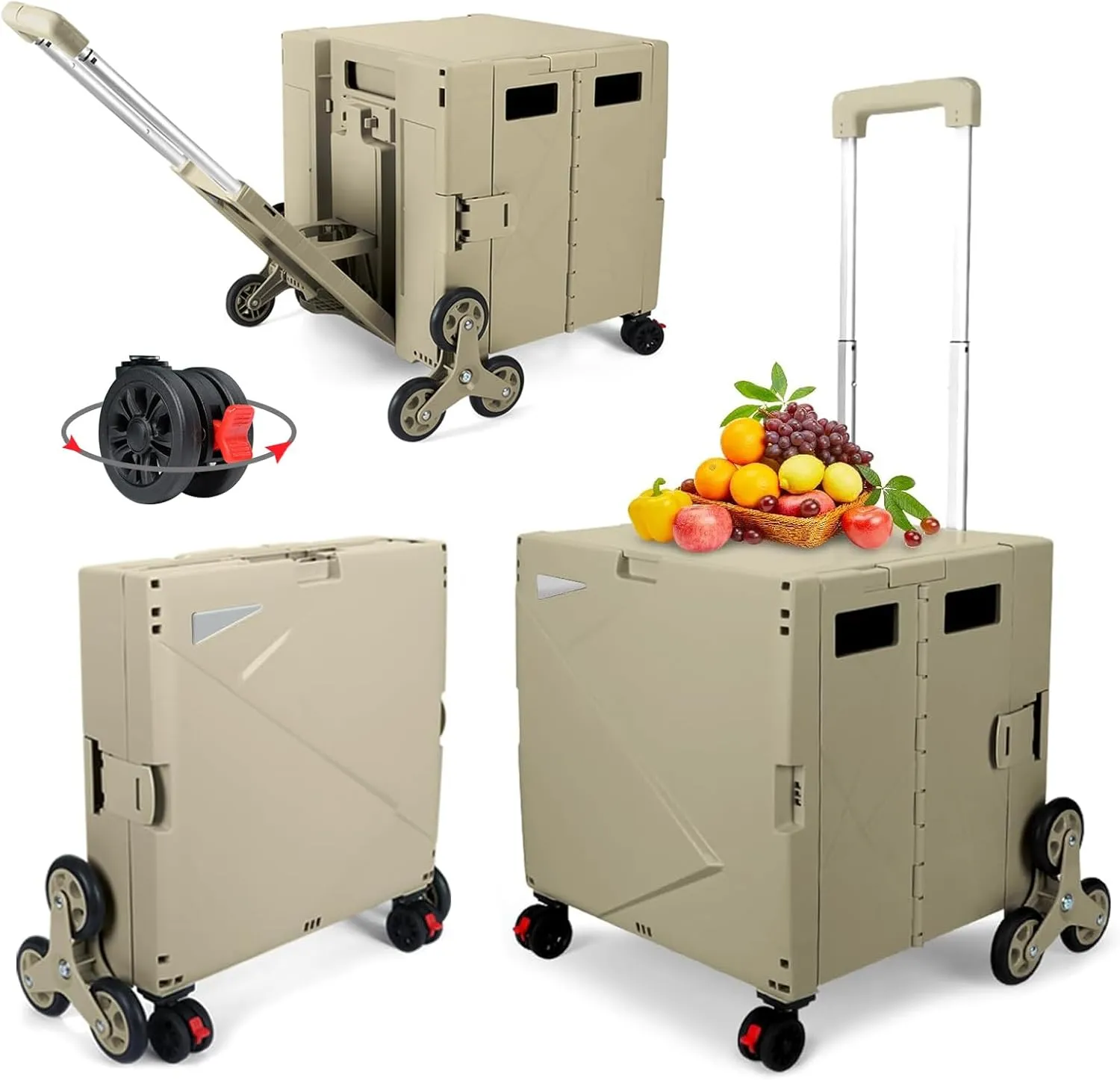 FELICON Folding Climber Utility Cart Rolling Crate Tote on Rotate Wheels with Adjustable Handle Hidden Lid Cup Holder Storage Toolbox for Teacher Office File Move Shop Travel Laundry Grocery(Coffee)