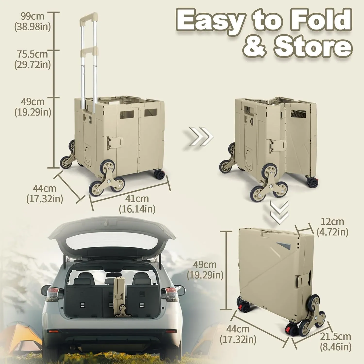 FELICON Folding Climber Utility Cart Rolling Crate Tote on Rotate Wheels with Adjustable Handle Hidden Lid Cup Holder Storage Toolbox for Teacher Office File Move Shop Travel Laundry Grocery(Coffee)