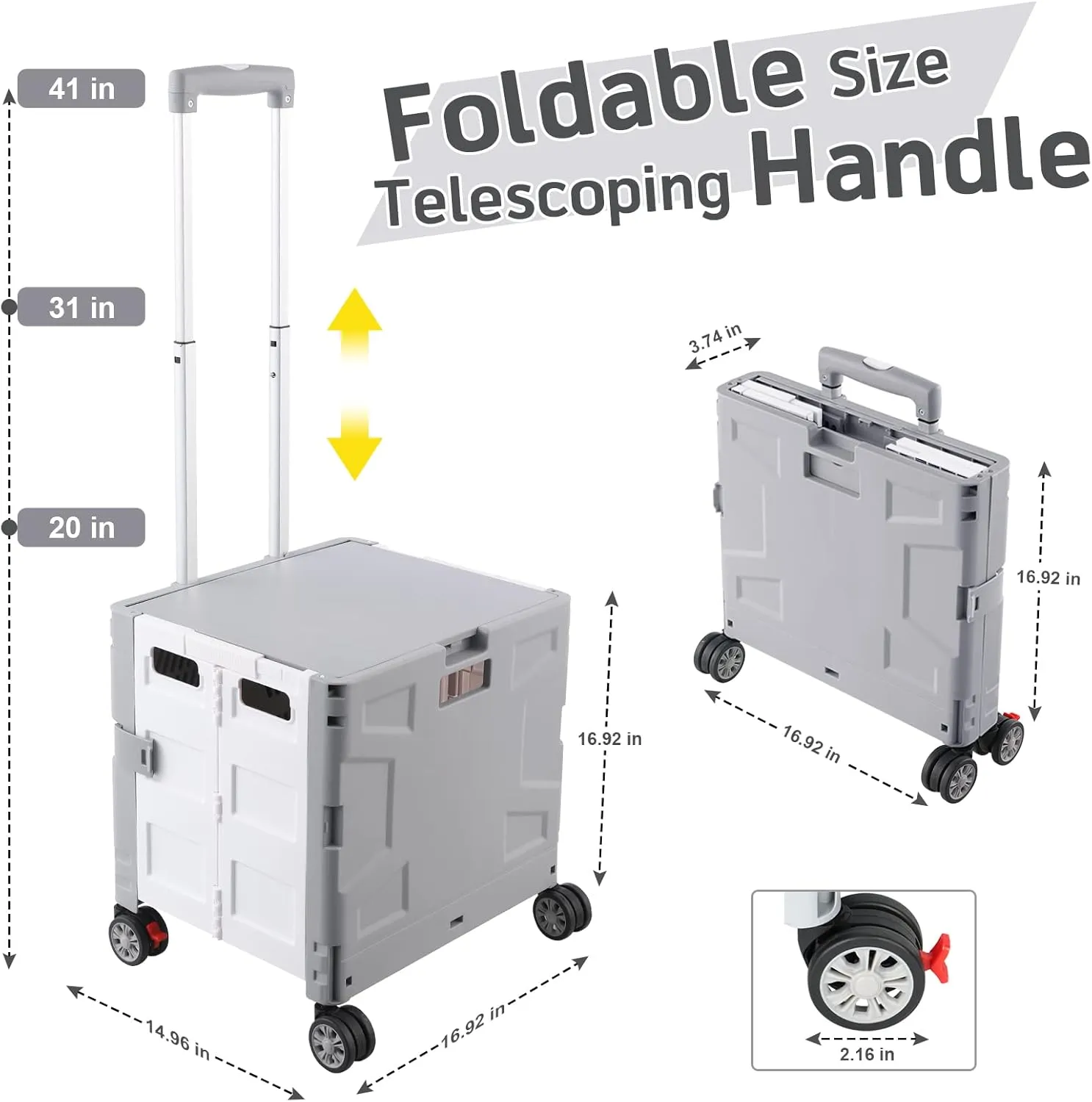 FELICON Folding Utility Cart Portable Rolling Crate Handcart with Durable Heavy Duty Plastic Telescoping Handle Collapsible Hidden Lid 4Rotate Wheels for Travel Shop Move Office Teacher(Gray&White)