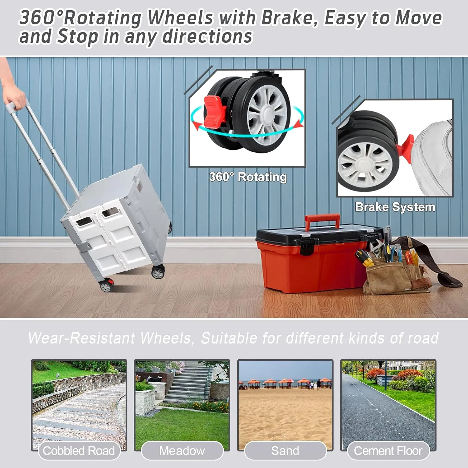 FELICON Folding Utility Cart Portable Rolling Crate Handcart with Durable Heavy Duty Plastic Telescoping Handle Collapsible Hidden Lid 4Rotate Wheels for Travel Shop Move Office Teacher(Gray&White)