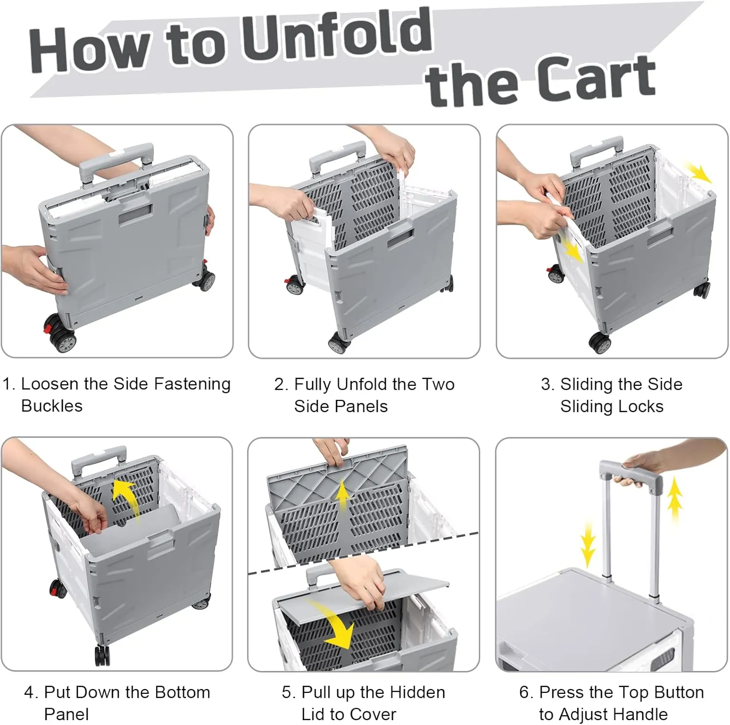 FELICON Folding Utility Cart Portable Rolling Crate Handcart with Durable Heavy Duty Plastic Telescoping Handle Collapsible Hidden Lid 4Rotate Wheels for Travel Shop Move Office Teacher(Gray&White)