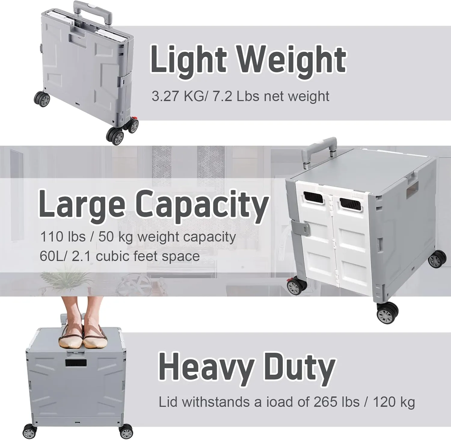 FELICON Folding Utility Cart Portable Rolling Crate Handcart with Durable Heavy Duty Plastic Telescoping Handle Collapsible Hidden Lid 4Rotate Wheels for Travel Shop Move Office Teacher(Gray&White)