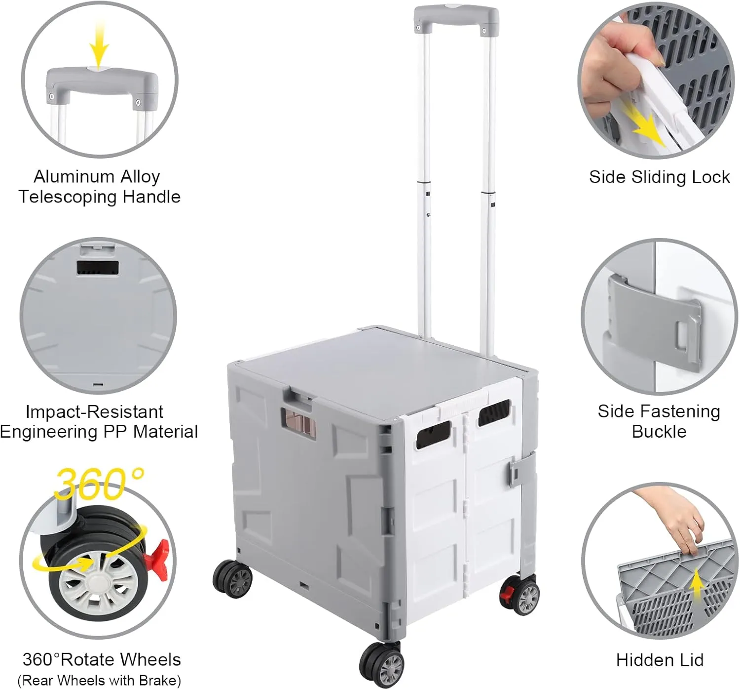 FELICON Folding Utility Cart Portable Rolling Crate Handcart with Durable Heavy Duty Plastic Telescoping Handle Collapsible Hidden Lid 4Rotate Wheels for Travel Shop Move Office Teacher(Gray&White)