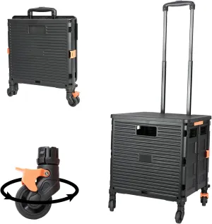 FELICON SELORSS Foldable Utility Cart Folding Portable Rolling Crate Handcart with Heavy Duty Telescoping Handle Collapsible 4 Rotate Wheels for Travel Shopping Move Luggage Office Use(Black Black)
