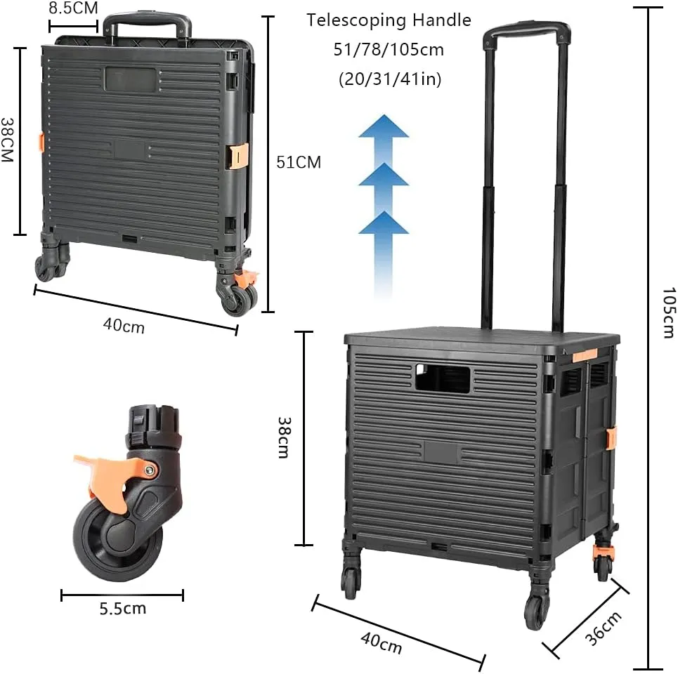 FELICON SELORSS Foldable Utility Cart Folding Portable Rolling Crate Handcart with Heavy Duty Telescoping Handle Collapsible 4 Rotate Wheels for Travel Shopping Move Luggage Office Use(Black Black)