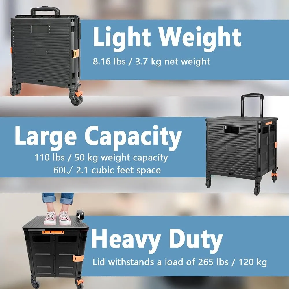 FELICON SELORSS Foldable Utility Cart Folding Portable Rolling Crate Handcart with Heavy Duty Telescoping Handle Collapsible 4 Rotate Wheels for Travel Shopping Move Luggage Office Use(Black Black)