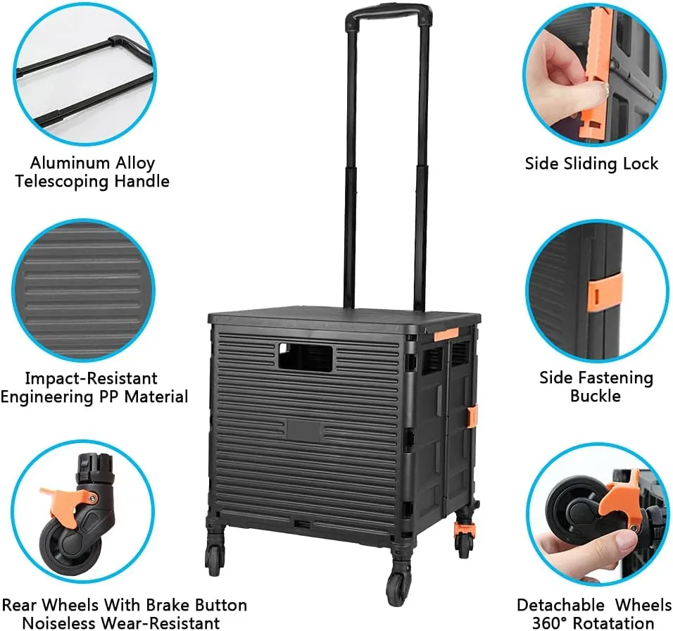 FELICON SELORSS Foldable Utility Cart Folding Portable Rolling Crate Handcart with Heavy Duty Telescoping Handle Collapsible 4 Rotate Wheels for Travel Shopping Move Luggage Office Use(Black Black)