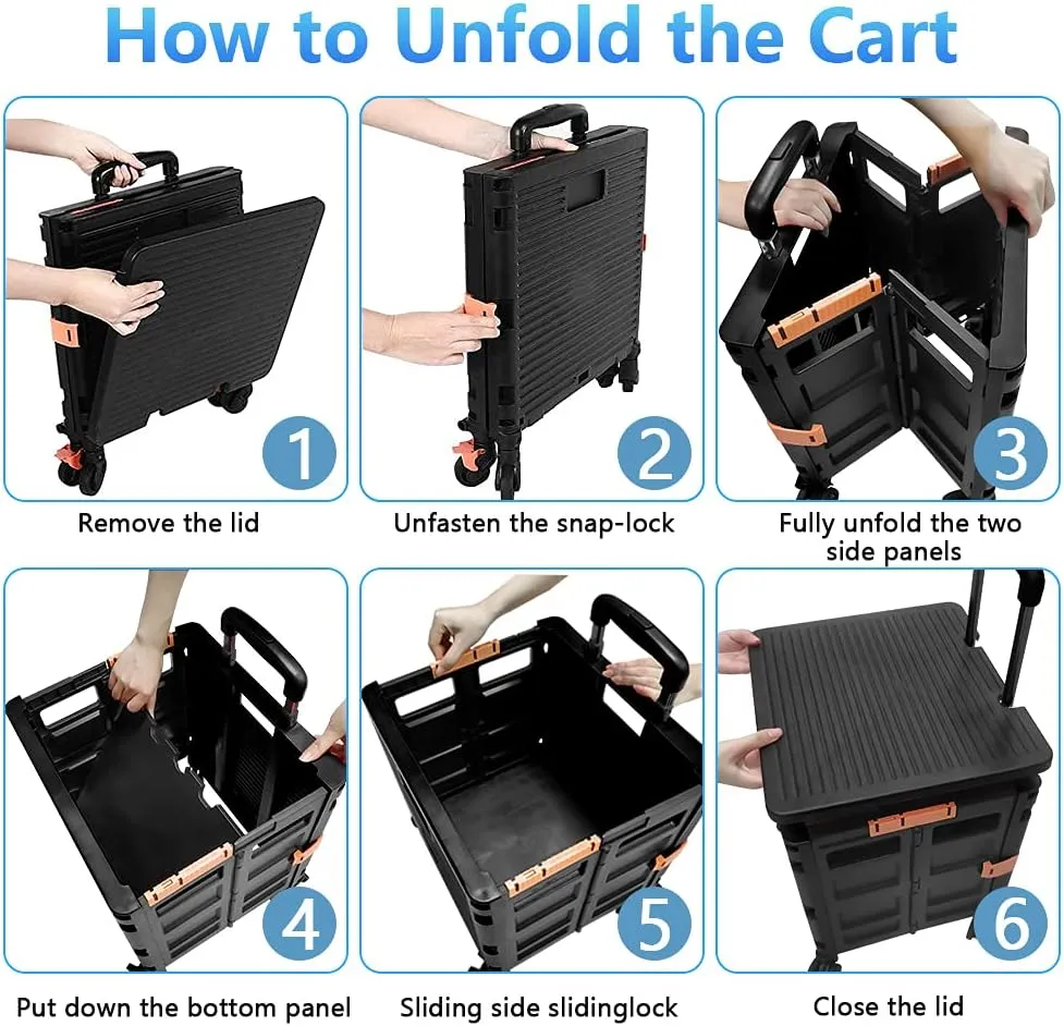 FELICON SELORSS Foldable Utility Cart Folding Portable Rolling Crate Handcart with Heavy Duty Telescoping Handle Collapsible 4 Rotate Wheels for Travel Shopping Move Luggage Office Use(Black Black)
