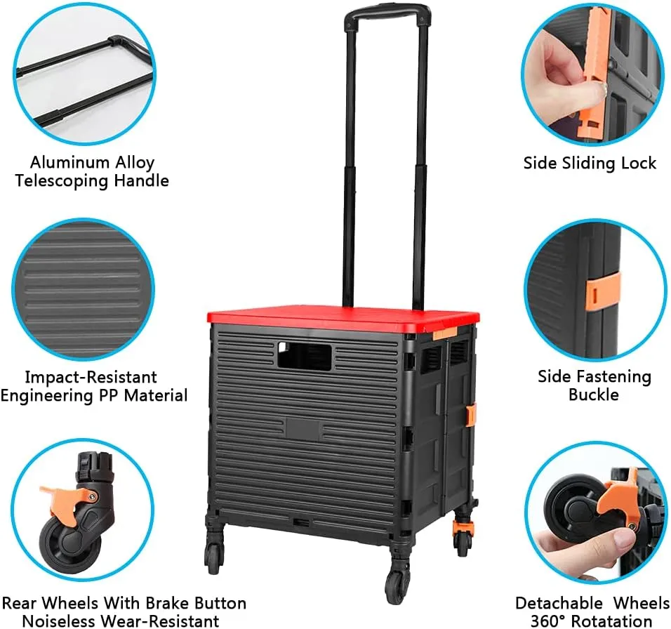 FELICON SELORSS Foldable Utility Cart Folding Portable Rolling Crate Handcart with Heavy Duty Telescoping Handle Collapsible 4 Rotate Wheels for Travel Shopping Move Luggage Office Use(Black Red)