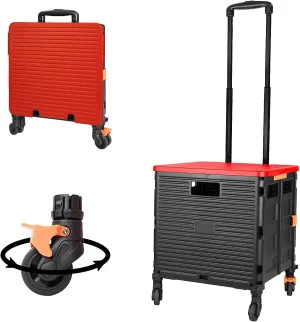 FELICON SELORSS Foldable Utility Cart Folding Portable Rolling Crate Handcart with Heavy Duty Telescoping Handle Collapsible 4 Rotate Wheels for Travel Shopping Move Luggage Office Use(Black Red)
