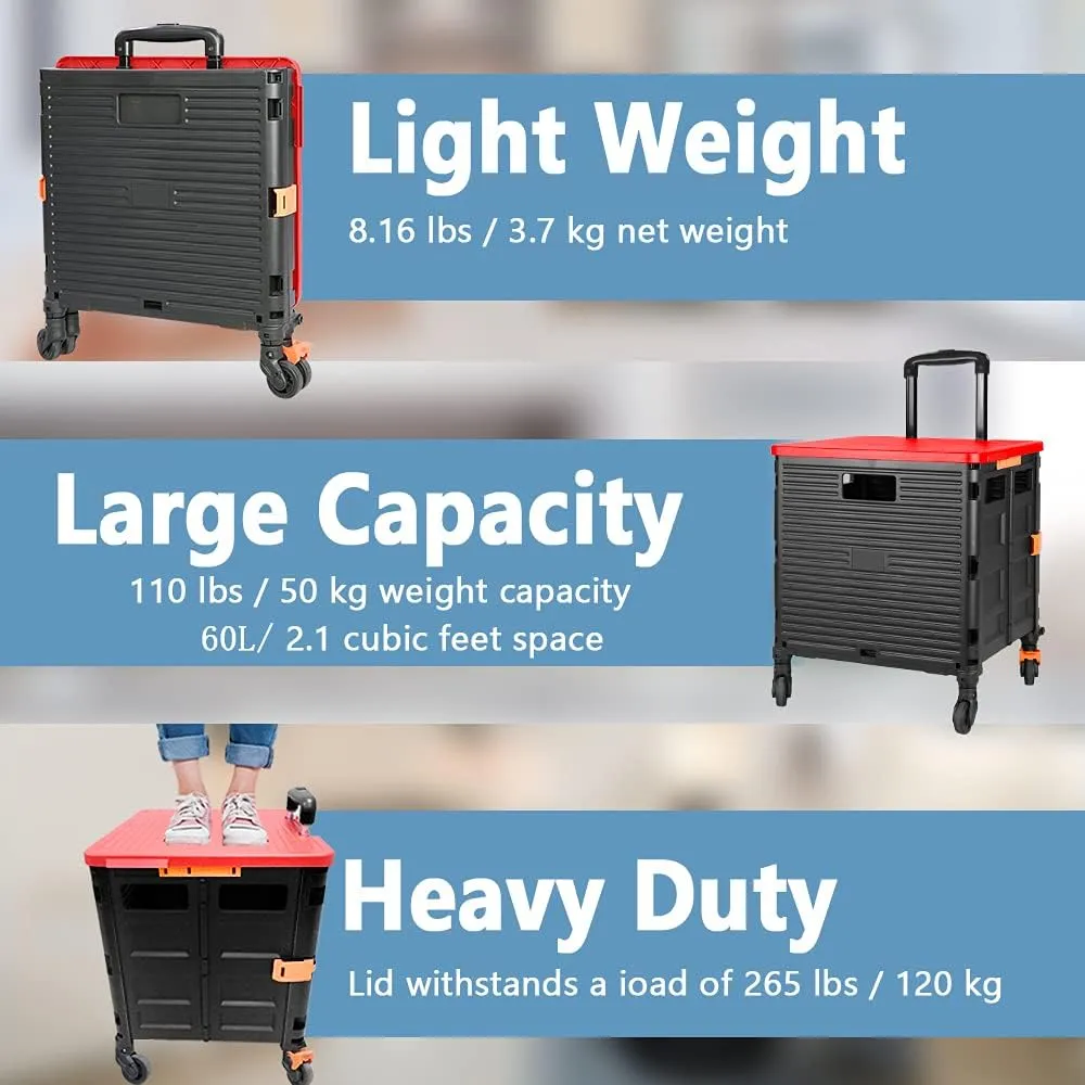 FELICON SELORSS Foldable Utility Cart Folding Portable Rolling Crate Handcart with Heavy Duty Telescoping Handle Collapsible 4 Rotate Wheels for Travel Shopping Move Luggage Office Use(Black Red)