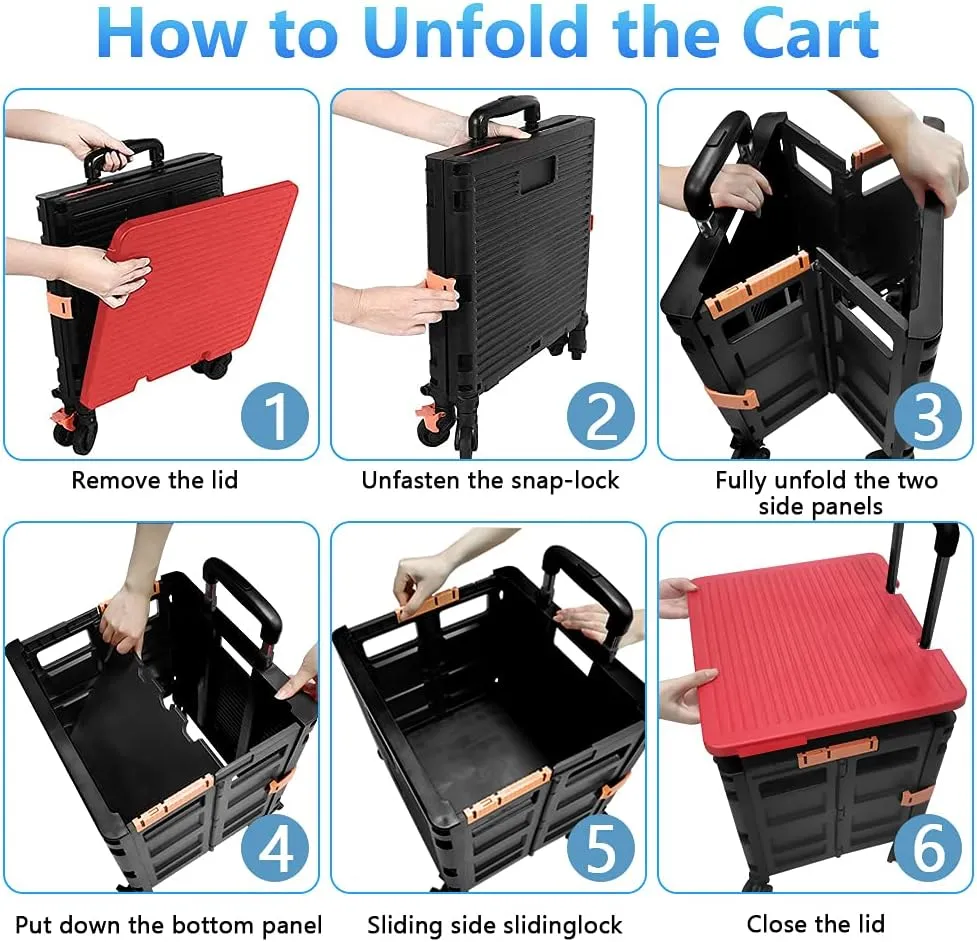 FELICON SELORSS Foldable Utility Cart Folding Portable Rolling Crate Handcart with Heavy Duty Telescoping Handle Collapsible 4 Rotate Wheels for Travel Shopping Move Luggage Office Use(Black Red)