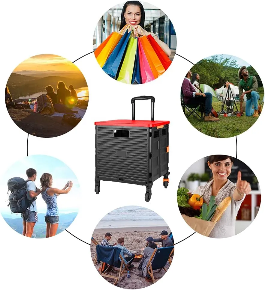 FELICON SELORSS Foldable Utility Cart Folding Portable Rolling Crate Handcart with Heavy Duty Telescoping Handle Collapsible 4 Rotate Wheels for Travel Shopping Move Luggage Office Use(Black Red)