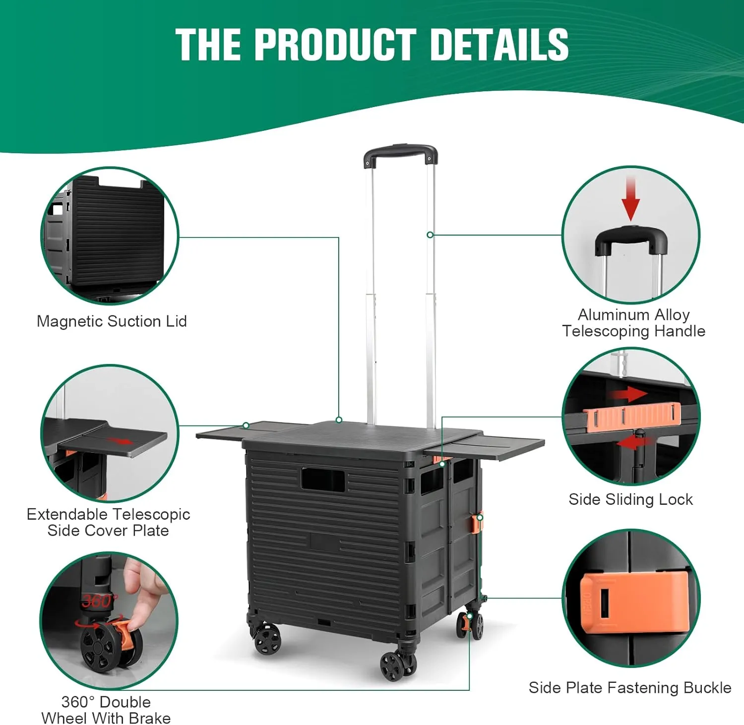 FELICON SELORSS Folding Utility Cart Portable Rolling Crate Handcart with Magnetic Sliding Lid Telescoping Handle Plastic Box Dolly 360°Swivel Wheels for Travel Shop Move Office Teacher(Black Pro)