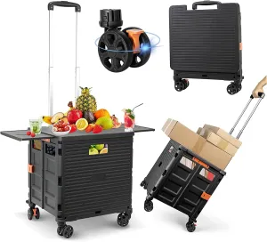FELICON SELORSS Folding Utility Cart Portable Rolling Crate Handcart with Magnetic Sliding Lid Telescoping Handle Plastic Box Dolly 360°Swivel Wheels for Travel Shop Move Office Teacher(Black Pro)