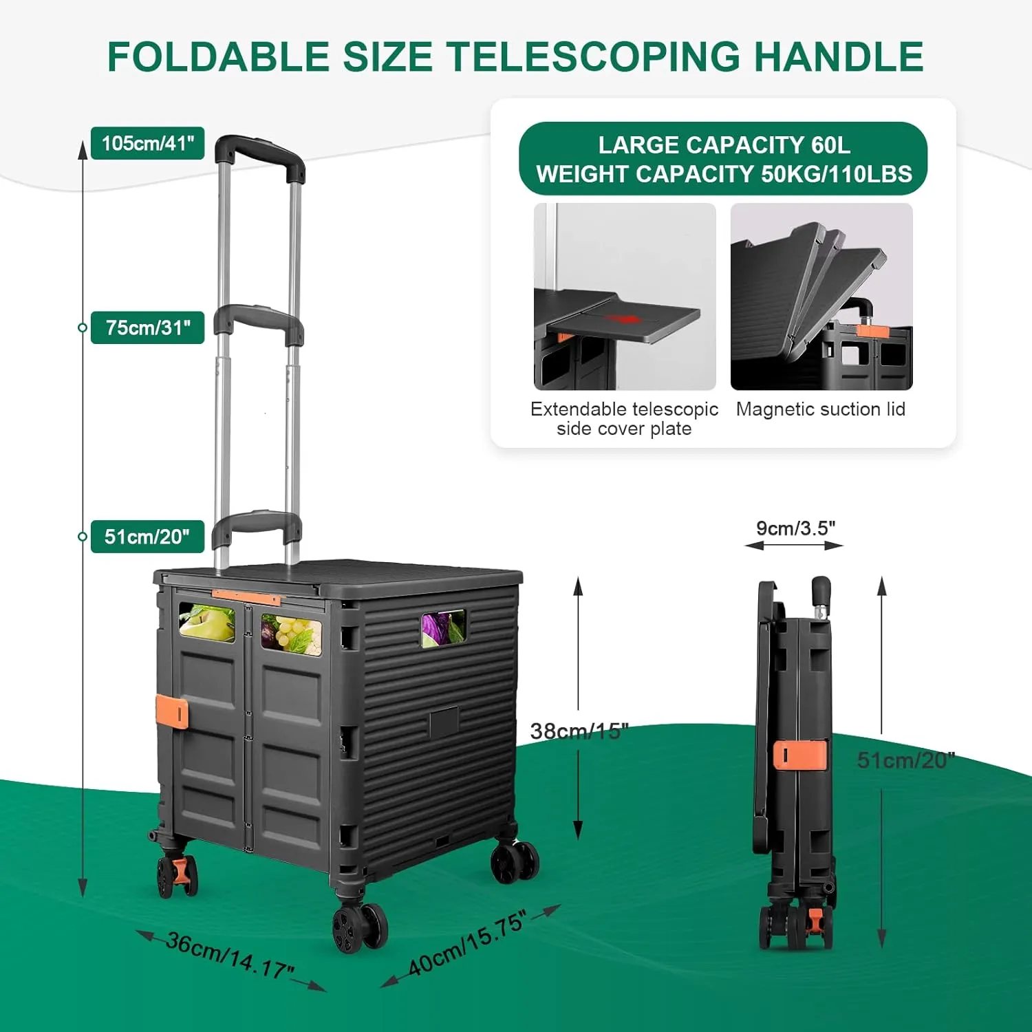 FELICON SELORSS Folding Utility Cart Portable Rolling Crate Handcart with Magnetic Sliding Lid Telescoping Handle Plastic Box Dolly 360°Swivel Wheels for Travel Shop Move Office Teacher(Black Pro)