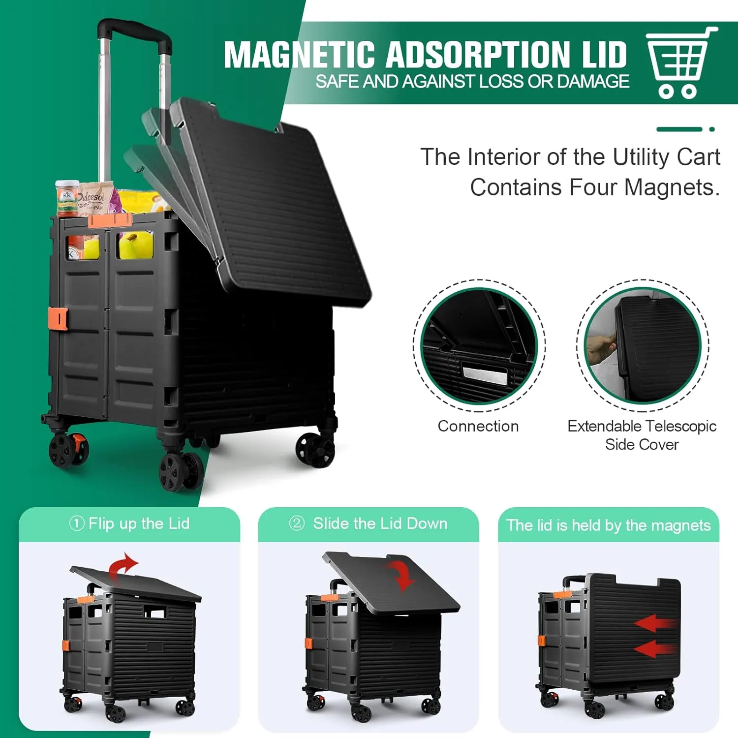 FELICON SELORSS Folding Utility Cart Portable Rolling Crate Handcart with Magnetic Sliding Lid Telescoping Handle Plastic Box Dolly 360°Swivel Wheels for Travel Shop Move Office Teacher(Black Pro)