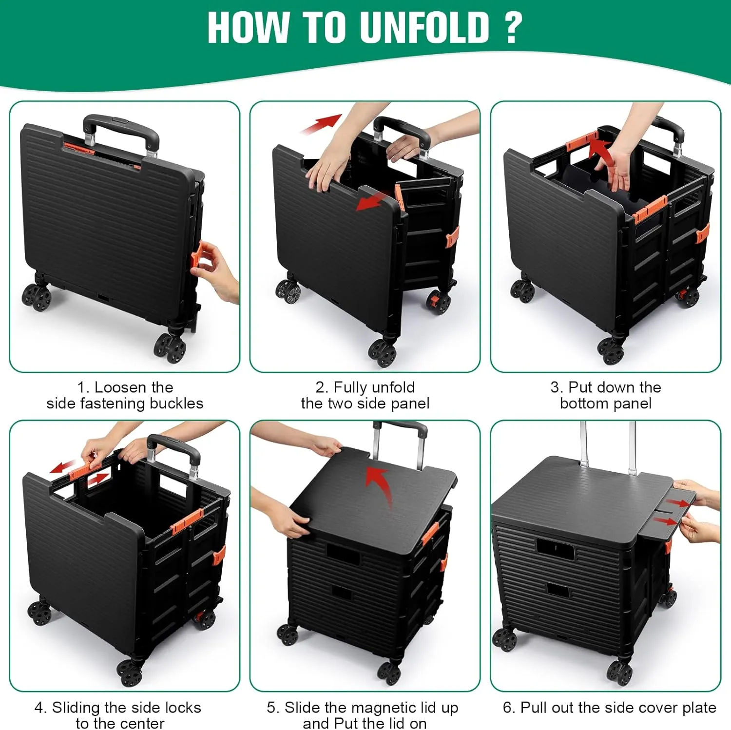 FELICON SELORSS Folding Utility Cart Portable Rolling Crate Handcart with Magnetic Sliding Lid Telescoping Handle Plastic Box Dolly 360°Swivel Wheels for Travel Shop Move Office Teacher(Black Pro)
