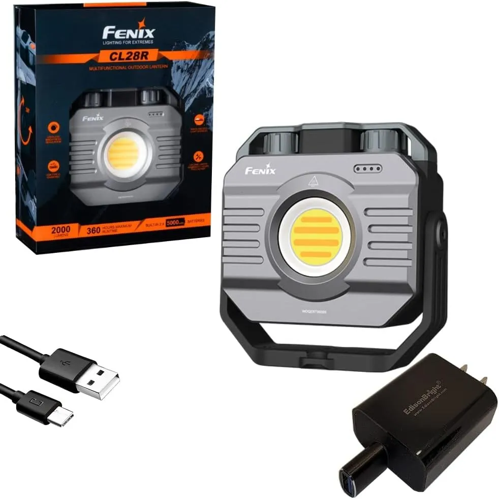 Fenix CL28R 2000 Lumen Rechargeable Work Light(Worksite Light) Warm White/Cool White/red Photo/Video Light with EdisonBright USB Charging Adapter Bundle