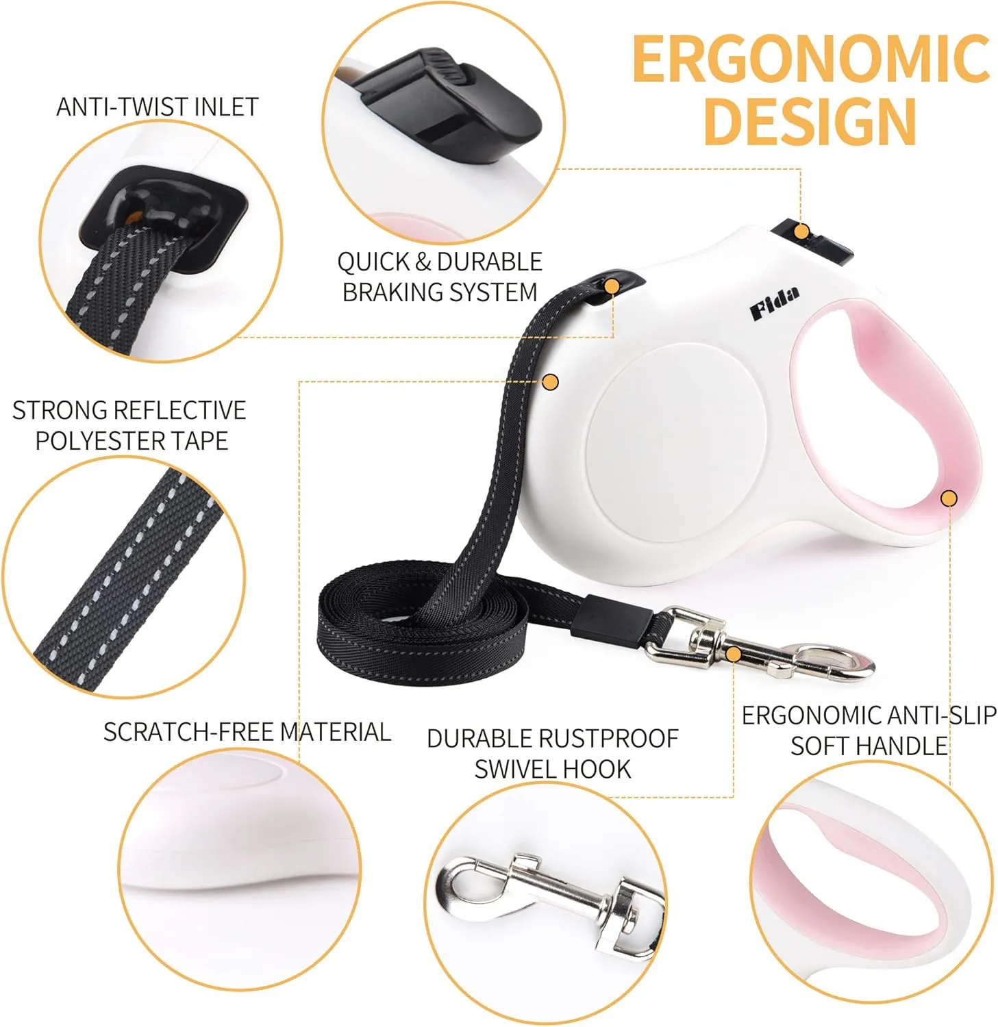Fida Retractable Dog Leash, 16 ft Dog Walking Leash for Small Dogs up to 26lbs, Tangle Free, White