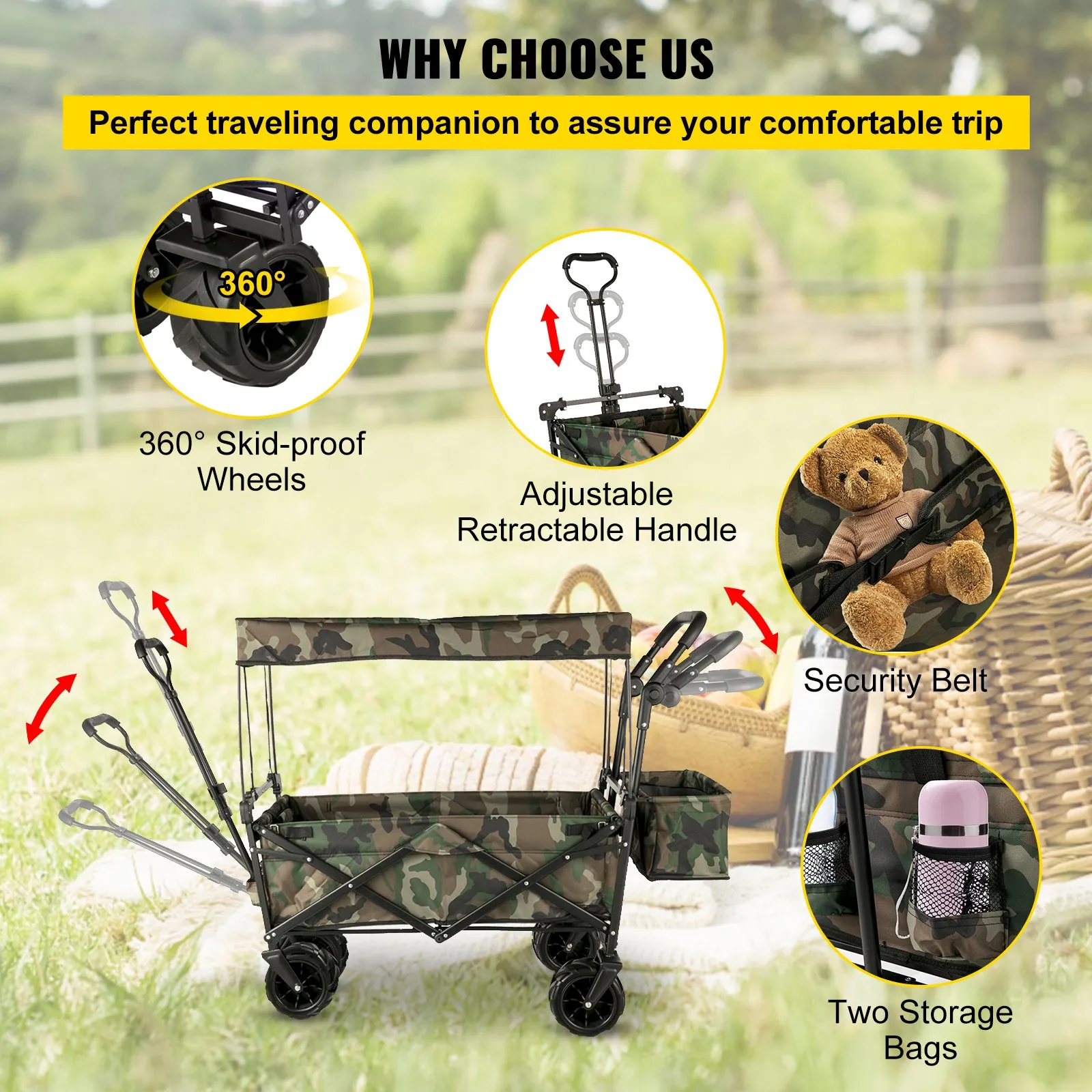 (FINAL PRICES ARE LOWER ON OUR SITE!) VEVOR Collapsible Folding Wagon with Removable Canopy, Heavy Duty Foldable Wagon Utility Cart for Garden, Camping, Grocery Cart, Beach Wagon Cart with Wheels and Rear Storage, Camouflage