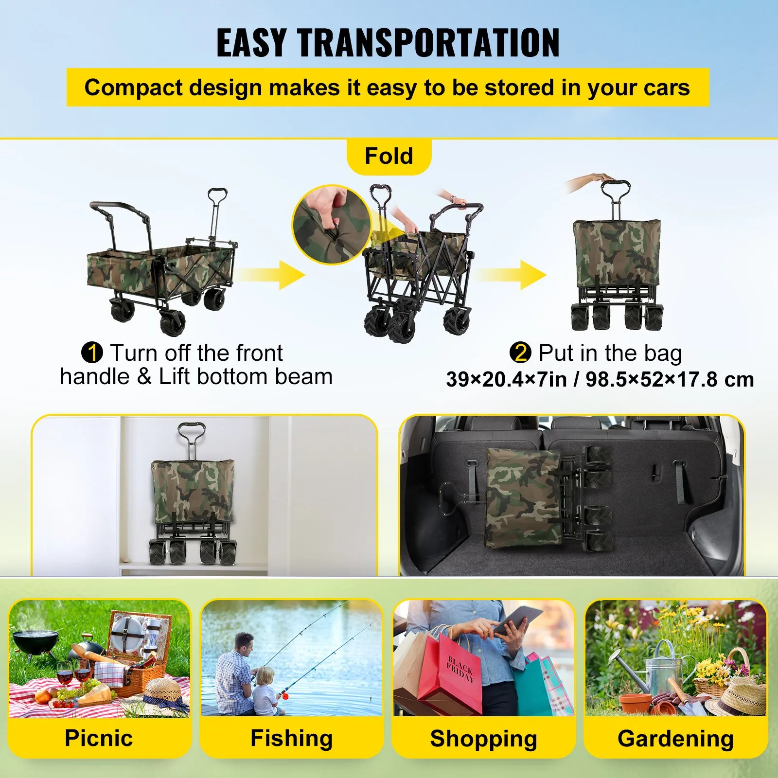 (FINAL PRICES ARE LOWER ON OUR SITE!) VEVOR Collapsible Folding Wagon with Removable Canopy, Heavy Duty Foldable Wagon Utility Cart for Garden, Camping, Grocery Cart, Beach Wagon Cart with Wheels and Rear Storage, Camouflage