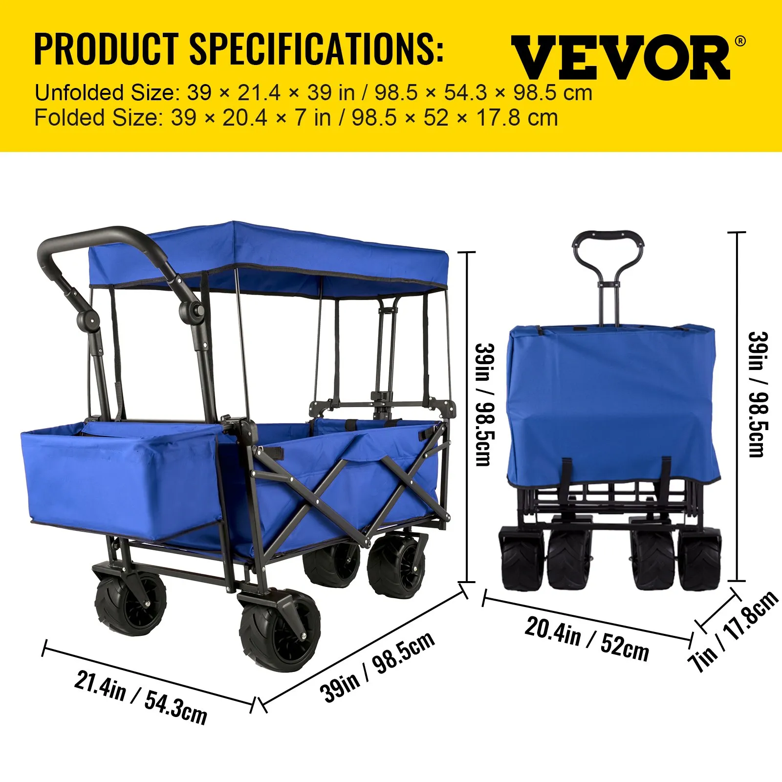 (FINAL PRICES ARE LOWER ON OUR SITE!) VEVOR Extra Large Collapsible Garden Cart with Removable Canopy, Folding Wagon Utility Carts with Wheels and Rear Storage, Wagon Cart for Garden, Camping, Grocery Cart, Shopping Cart, Blue