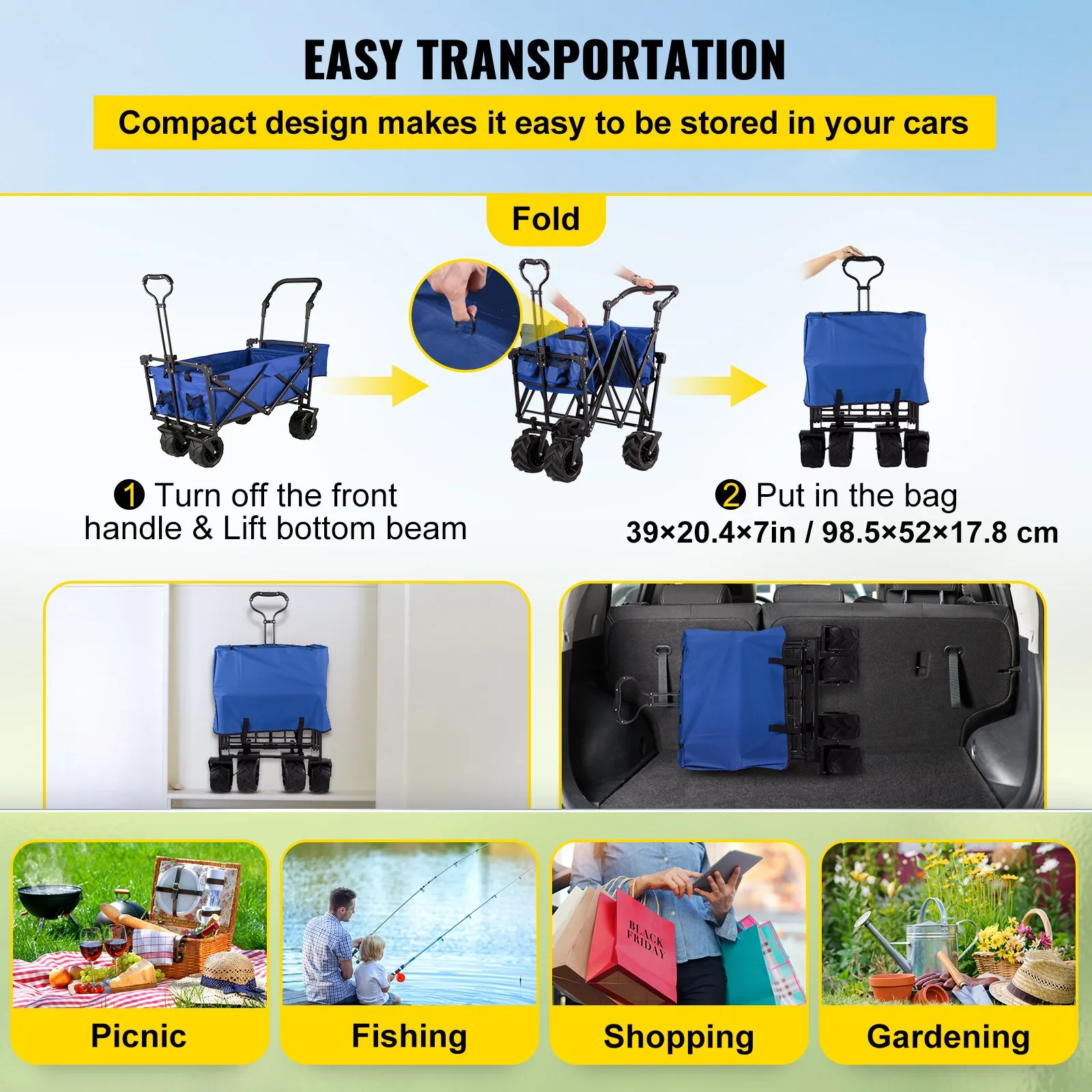(FINAL PRICES ARE LOWER ON OUR SITE!) VEVOR Extra Large Collapsible Garden Cart with Removable Canopy, Folding Wagon Utility Carts with Wheels and Rear Storage, Wagon Cart for Garden, Camping, Grocery Cart, Shopping Cart, Blue