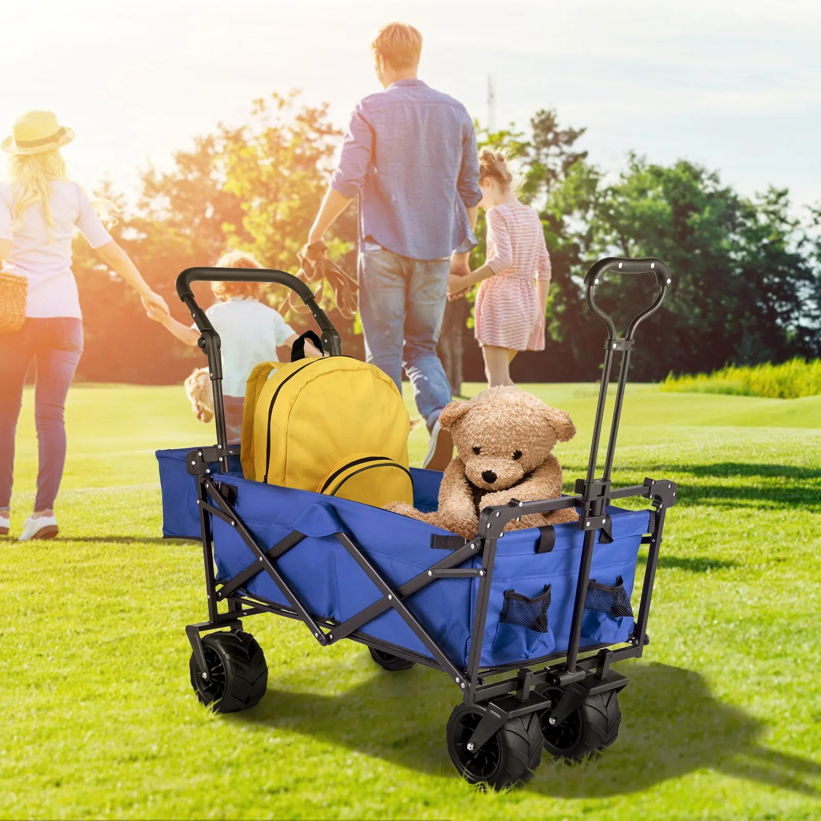(FINAL PRICES ARE LOWER ON OUR SITE!) VEVOR Extra Large Collapsible Garden Cart with Removable Canopy, Folding Wagon Utility Carts with Wheels and Rear Storage, Wagon Cart for Garden, Camping, Grocery Cart, Shopping Cart, Blue