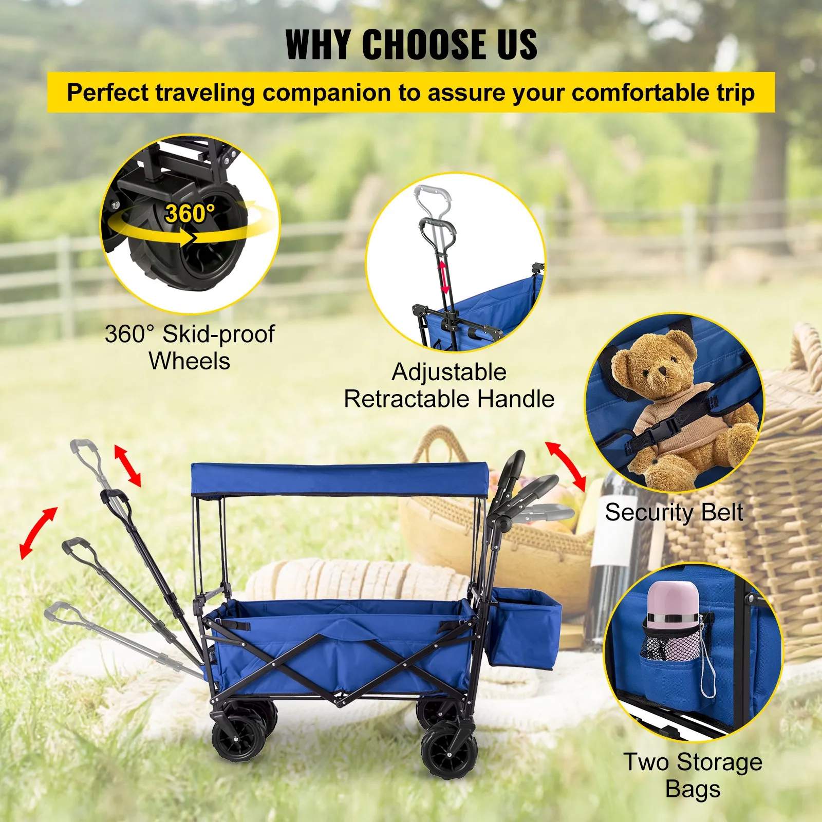 (FINAL PRICES ARE LOWER ON OUR SITE!) VEVOR Extra Large Collapsible Garden Cart with Removable Canopy, Folding Wagon Utility Carts with Wheels and Rear Storage, Wagon Cart for Garden, Camping, Grocery Cart, Shopping Cart, Blue
