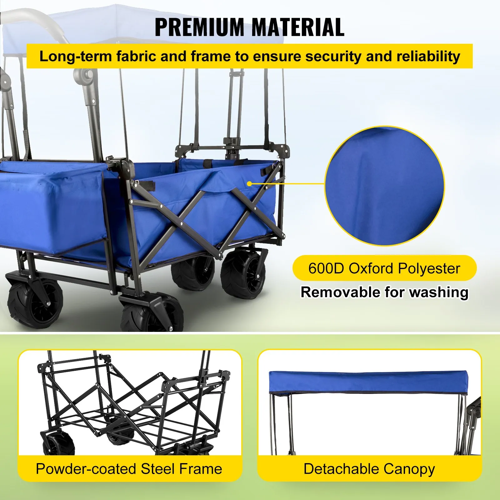 (FINAL PRICES ARE LOWER ON OUR SITE!) VEVOR Extra Large Collapsible Garden Cart with Removable Canopy, Folding Wagon Utility Carts with Wheels and Rear Storage, Wagon Cart for Garden, Camping, Grocery Cart, Shopping Cart, Blue