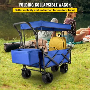 (FINAL PRICES ARE LOWER ON OUR SITE!) VEVOR Extra Large Collapsible Garden Cart with Removable Canopy, Folding Wagon Utility Carts with Wheels and Rear Storage, Wagon Cart for Garden, Camping, Grocery Cart, Shopping Cart, Blue