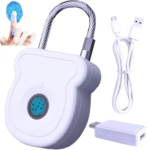 Fingerprint Padlock for Gym Locker, Biometric Keyless Lock 20 User w/USB Key for Luggage Backpack Guncase Toolbox Suitcase Bag, Smart Combination Cable Latch for Travel Renter School Office