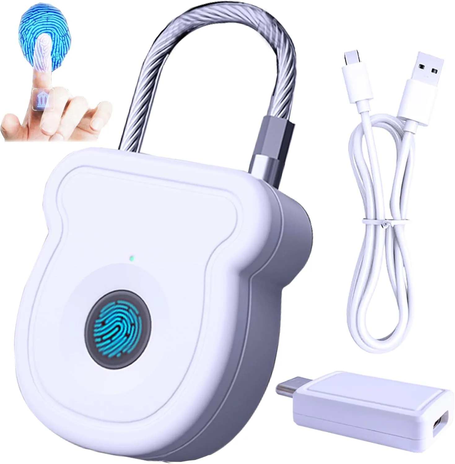 Fingerprint Padlock for Gym Locker, Biometric Keyless Lock 20 User w/USB Key for Luggage Backpack Guncase Toolbox Suitcase Bag, Smart Combination Cable Latch for Travel Renter School Office